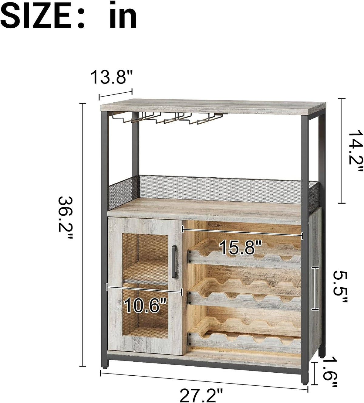 3-Tier Wine Bar Cabinet with Removable Wine Rack, Liquor Storage Cabinet with Glass Holder & Mesh Door, Coffee Bar Sideboard Buffet for Living Room or Dining Room, Gray