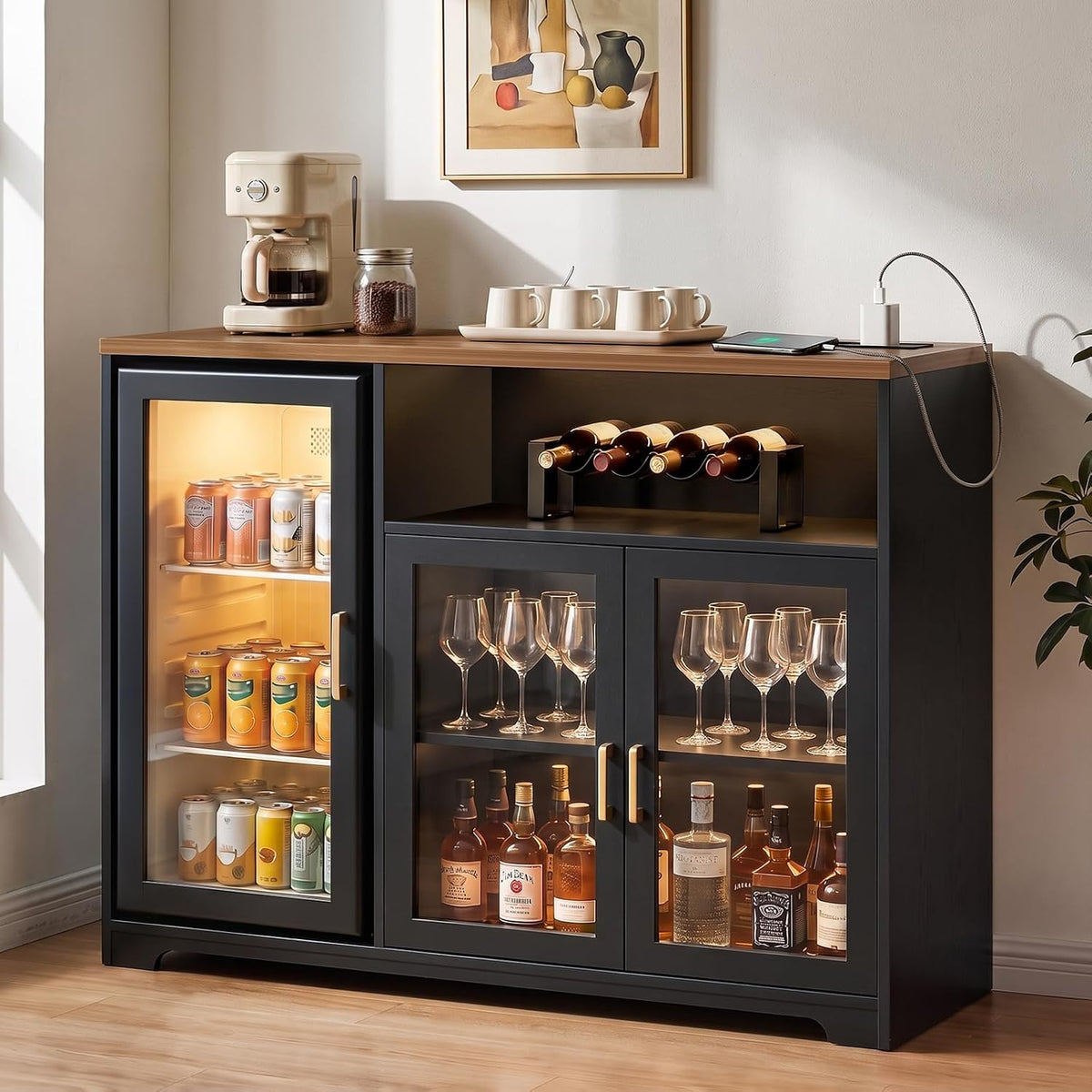 54â Coffee Bar Cabinet with Fridge Space, Smart LED Light, Black