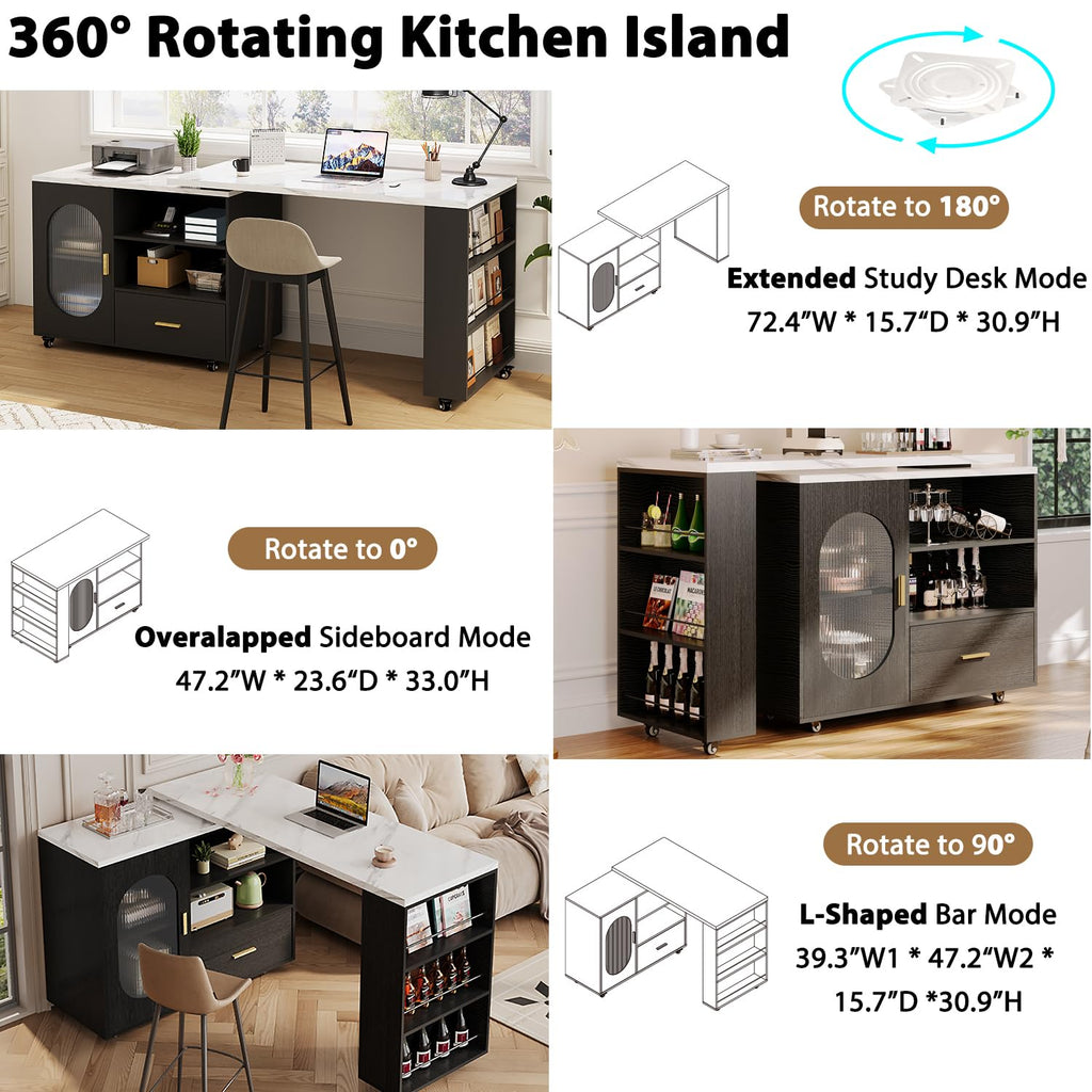 HSH 72â Rolling Kitchen Island with Seating & Storage on Wheels, White Oak