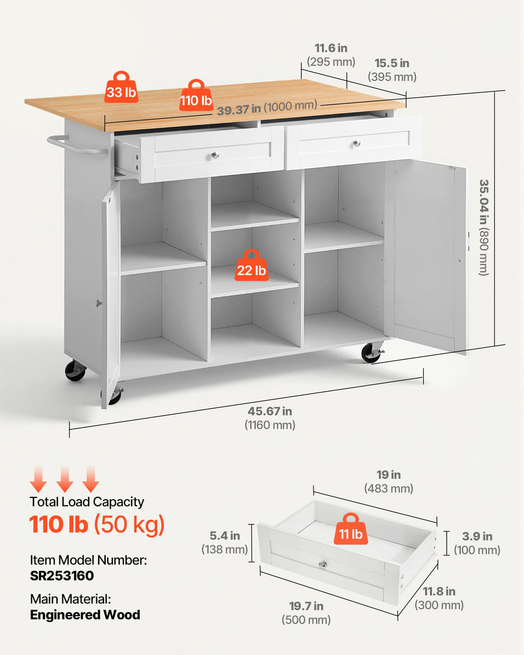 VEVOR Kitchen Island Cart with Storage, 42.28 in Wide Mobile Rolling Storage Island on Swivel Wheels, with Drawer, Storage Cabinet, Drop Leaf, Spice Rack, Table for Home Dining Room, White