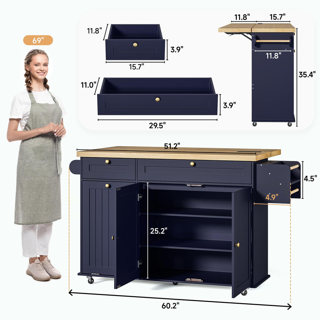 ONBRILL 60" Kitchen Island with Trash Can Storage, Rolling Island Table