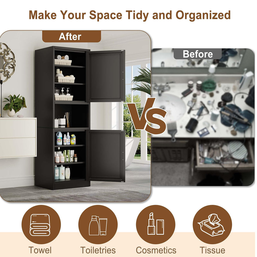 67" Tall Metal Pantry Cabinet, Narrow Freestanding Storage Cabinet, Black