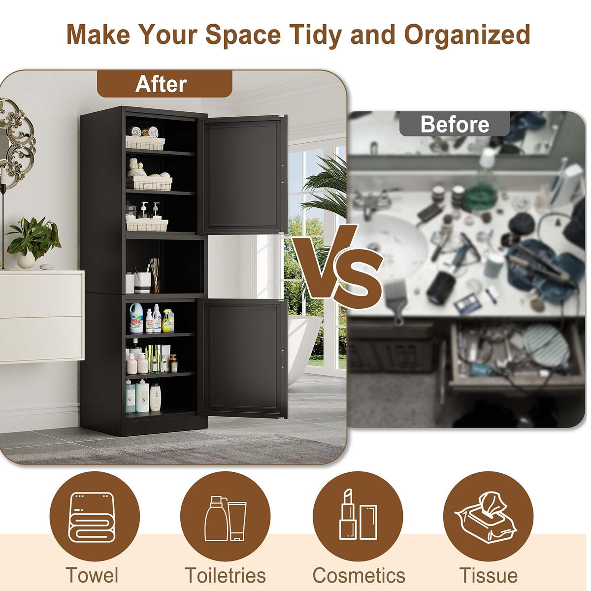 67" Tall Metal Pantry Cabinet, Narrow Freestanding Storage Cabinet, Black