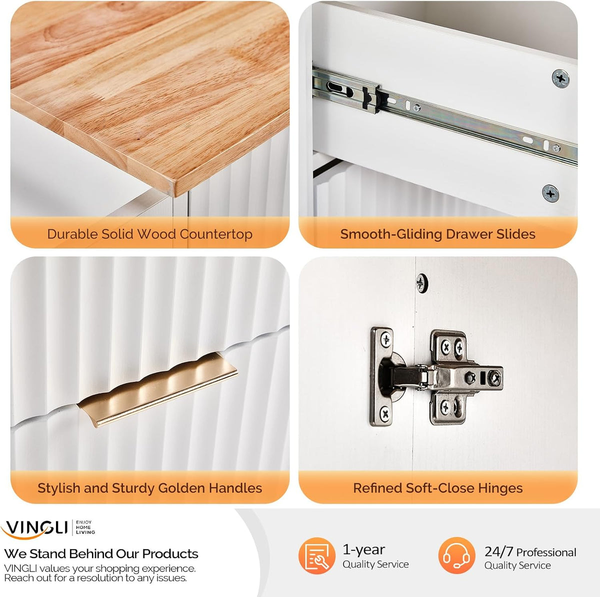 VINGLI Fluted Kitchen Island Cart with Drop-Leaf, 3 Drawers, White