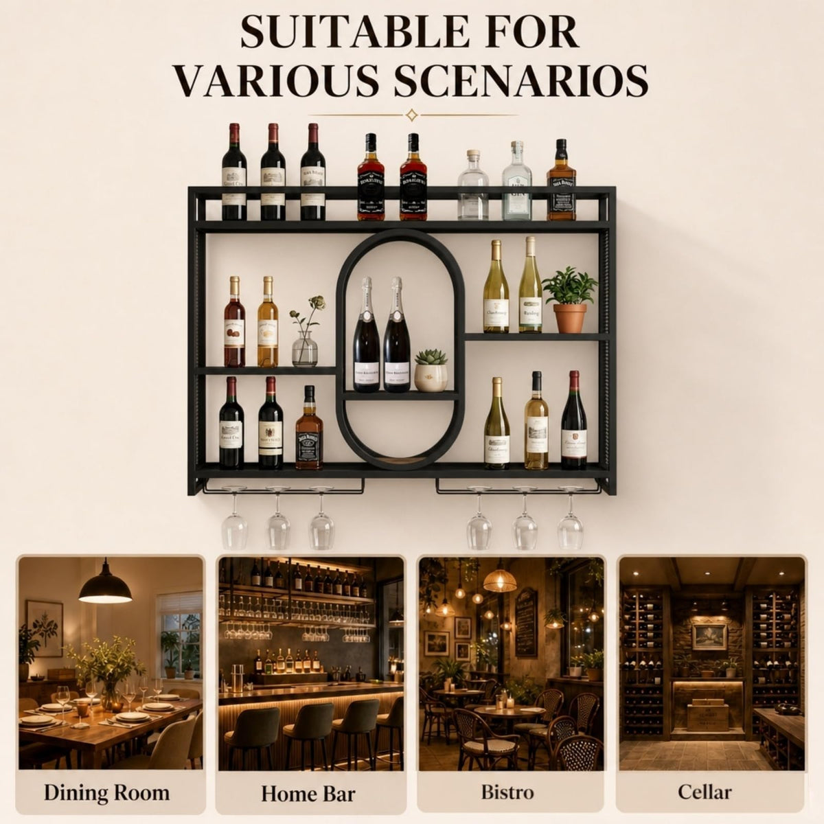 39" Upgrade Metal Wall Mounted Wine Rack, 3-Tier Large Capacity Hanging Bar Shelf, Modern Liquor Wall Shelves for Home & Dining, Gold