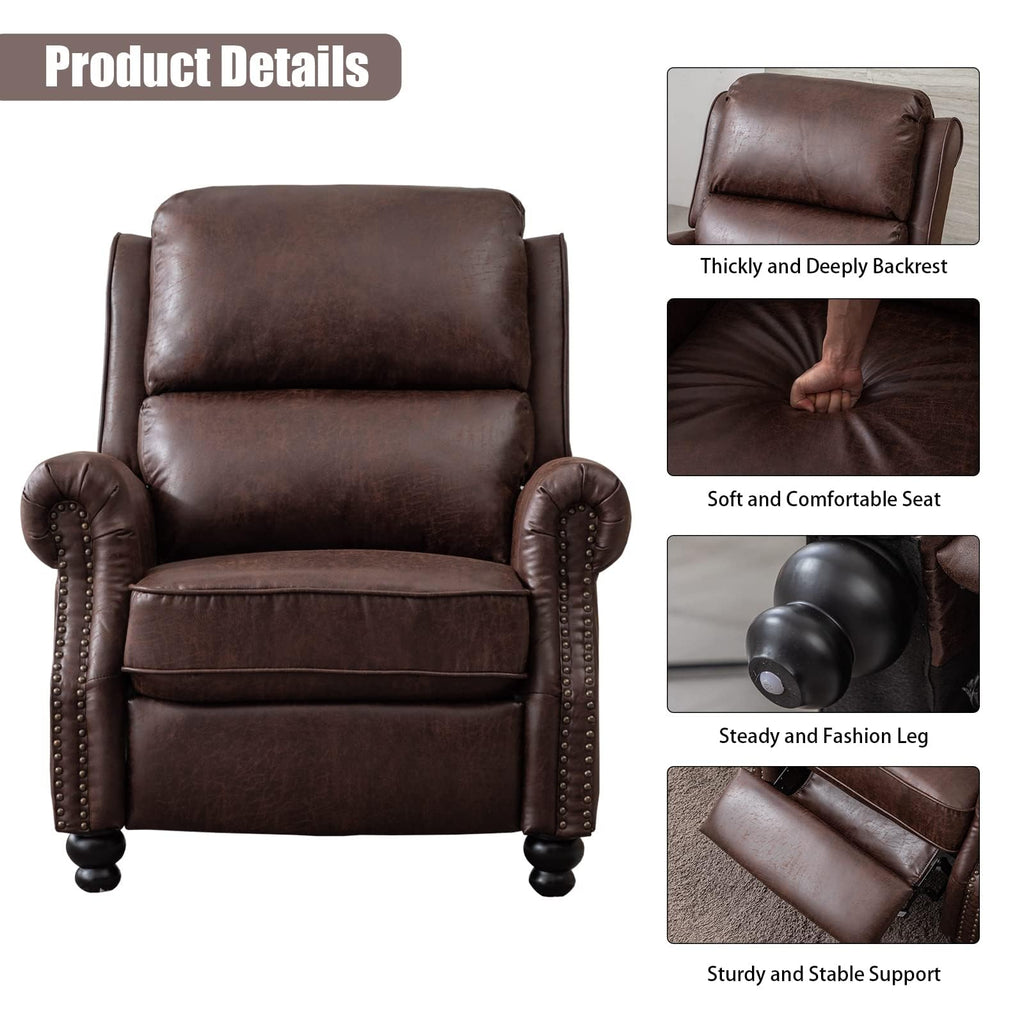 CANMOV Pushback Recliner Chair Faux Leather Armchair Push Back Recliner with Rivet Decoration Single Sofa Accent Chair for Living Room, Chocolate