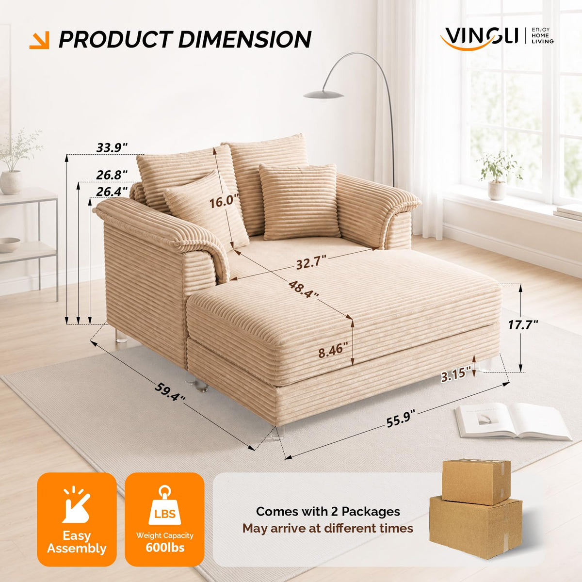 VINGLI 56" Wide Oversized Chaise Lounge Chair with Plush Padded Armrests