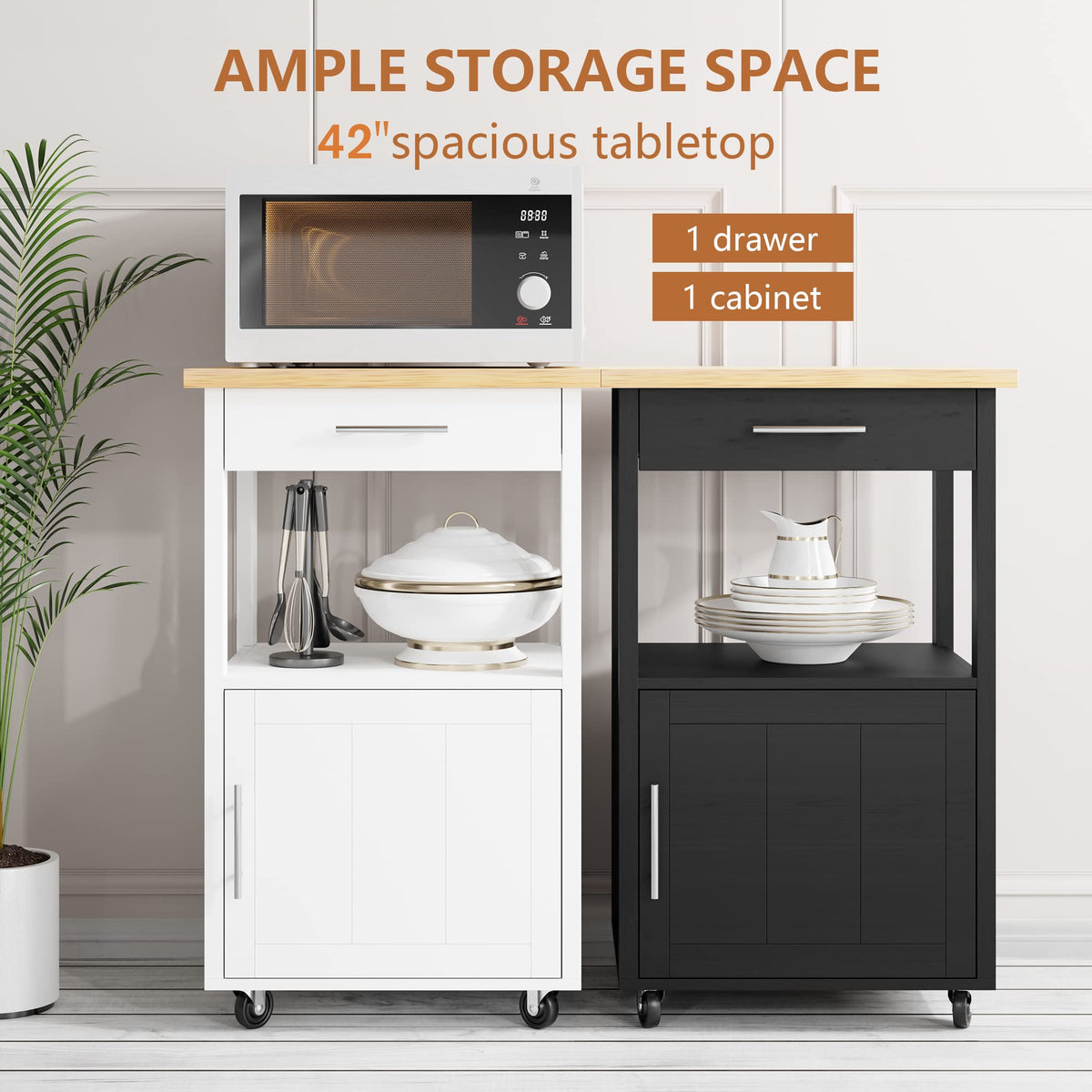 JY QAQA 26" Rolling Kitchen Island Cart on Wheels, Mobile Storage Cabinet with Adjustable Inner Shelves, Kitchen Prep Cart with Towel Rack & Lockable Casters for Small Apartment Kitchen, White