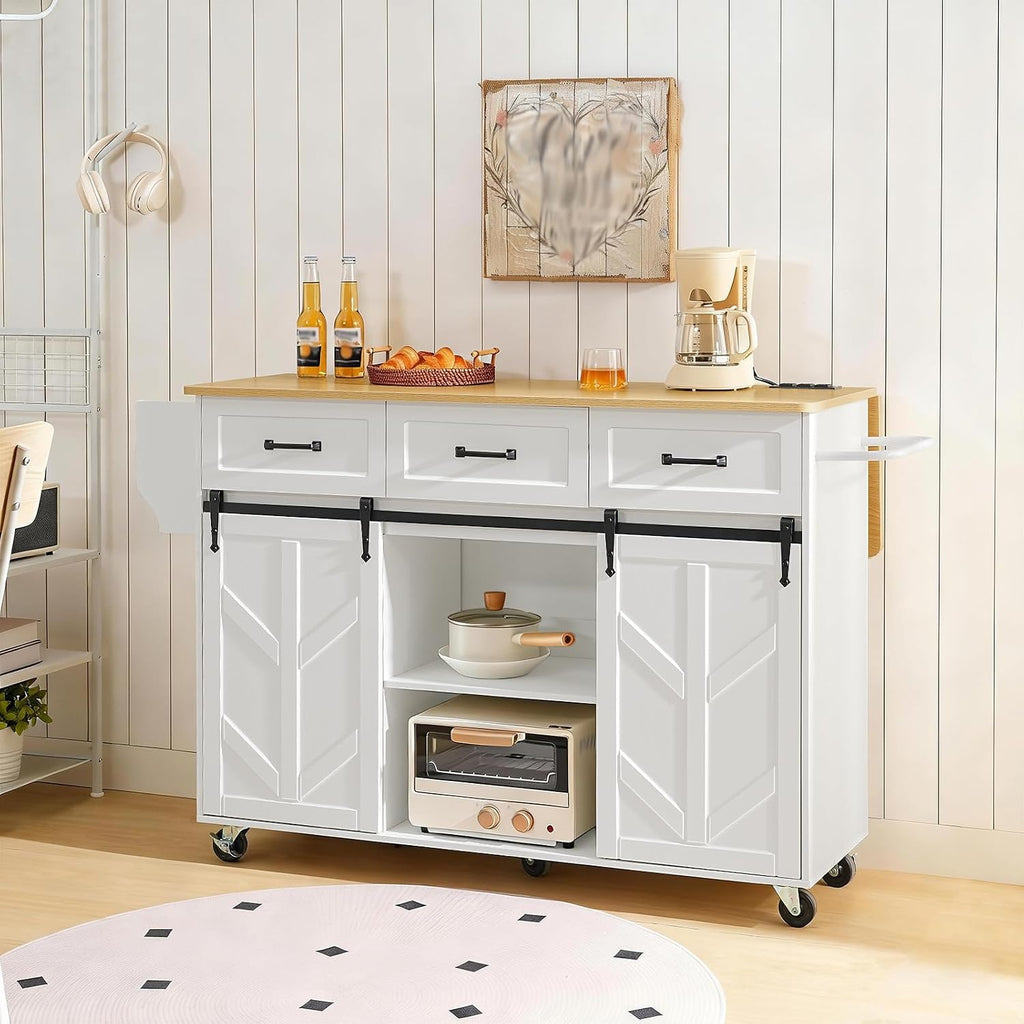 HOOBRO Kitchen Island with Drop Leaf, Rolling Kitchen Cart on Wheels with Power Outlet, Sliding Barn Door Storage Cabinet, 3 Drawers & Spice Rack for Dining Room, White and Natural WN70UZD01