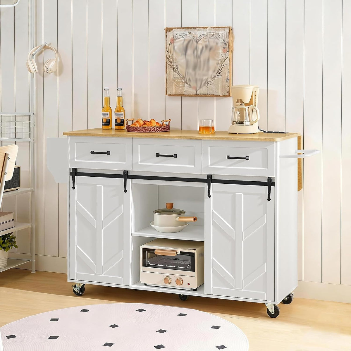 HOOBRO Kitchen Island with Drop Leaf, Rolling Kitchen Cart on Wheels with Power Outlet, Sliding Barn Door Storage Cabinet, 3 Drawers & Spice Rack for Dining Room, White and Natural WN70UZD01
