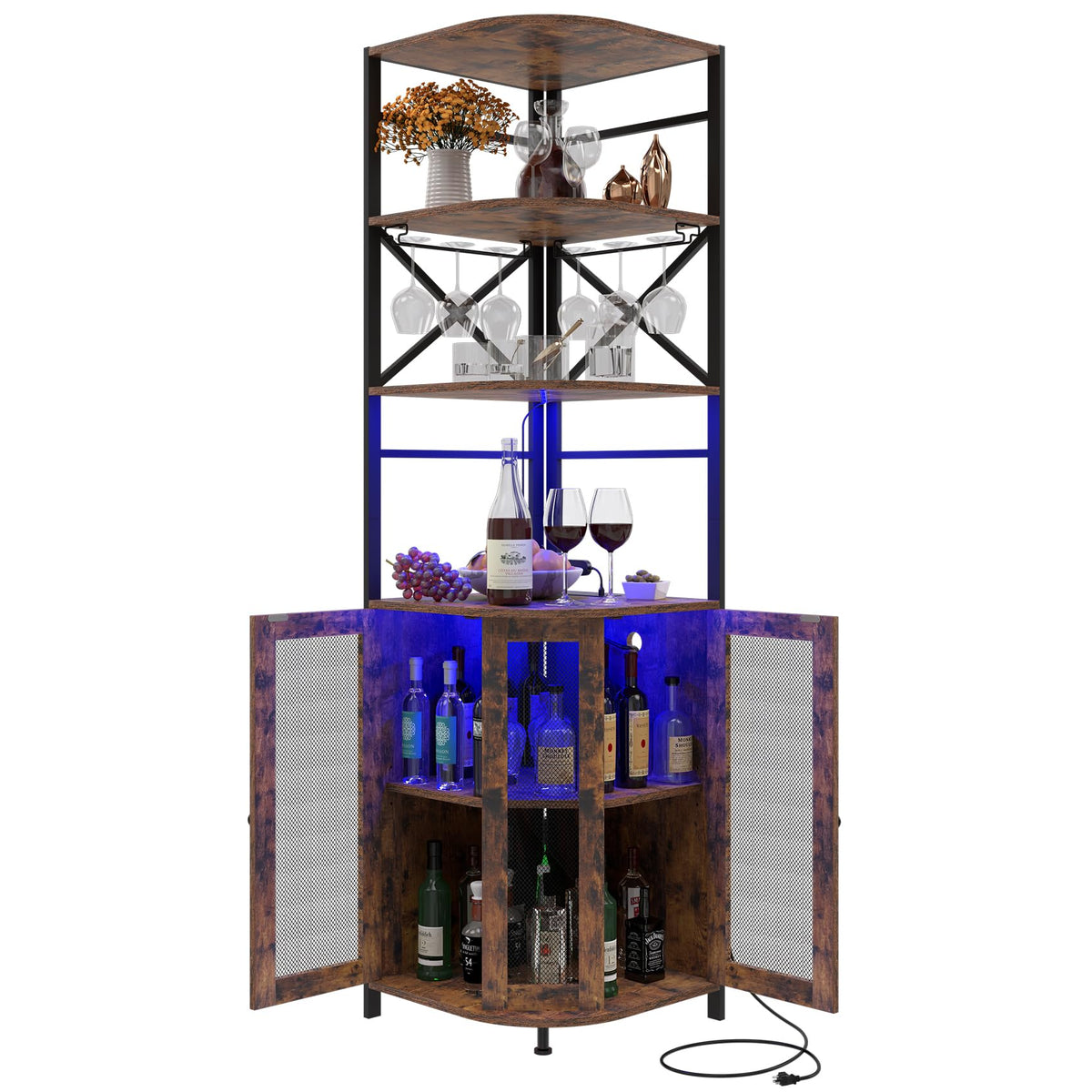 Wine Bar Cabinet with Power Outlet, 6-Tiers Industrial Wine Cabinet with LED Light and Glass Holder, Corner Bar Cabinet with Adjustable Shelf and Mesh Door, Liquor Cabinet Bar for Home