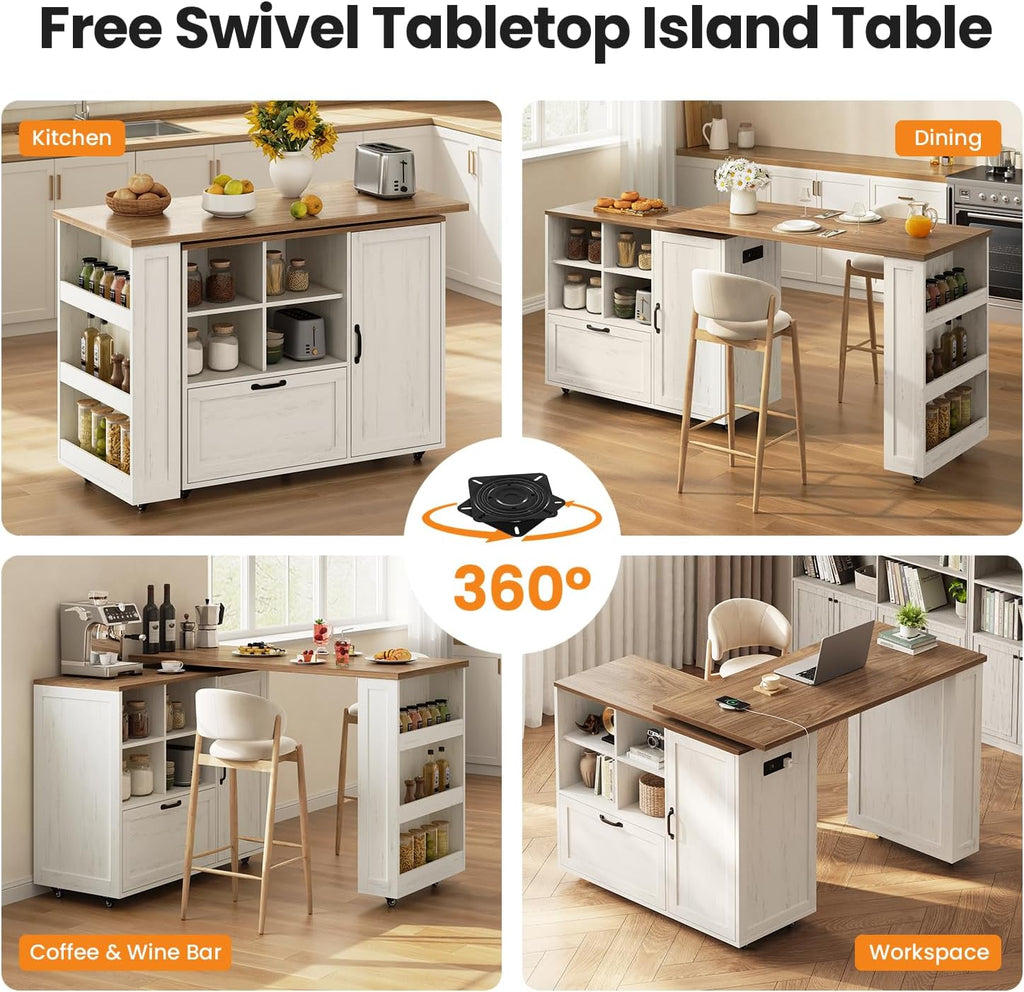 72" Rolling Kitchen Island with 360Â° Swivel Tabletop & Power Outlet,Mobile Kitchen Islands on Wheels with Storage,Farmhouse Wood Island Cart with Spice Rack,Rustic White