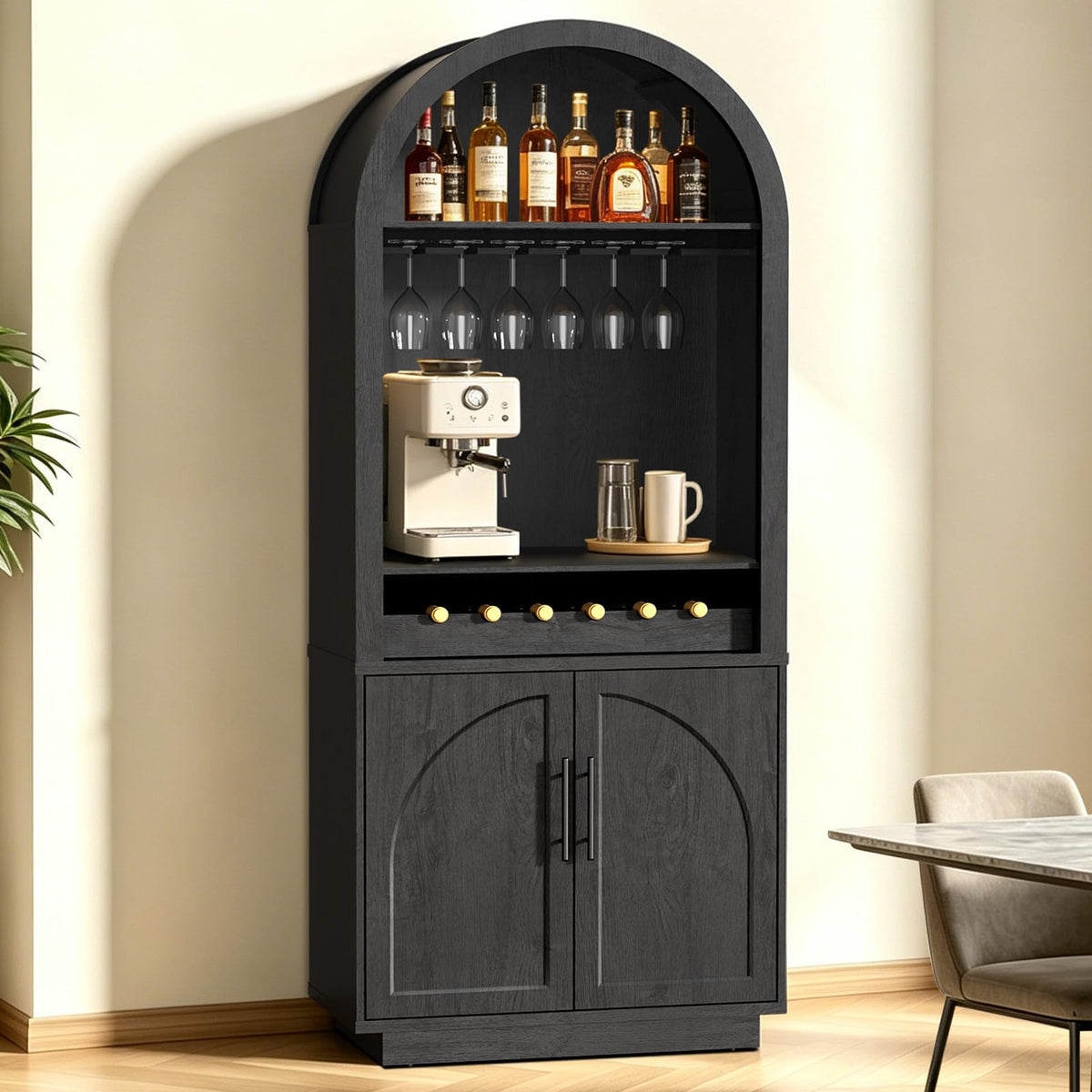 Fatmok 79" Tall Arched Pantry Cabinet with LED Light & Charging Station, Modern Coffee Bar Liquor Cabinet with Wine Rack & Glass Holder, Kitchen Storage Cabinet with Adjustable Shelves, Black Grey