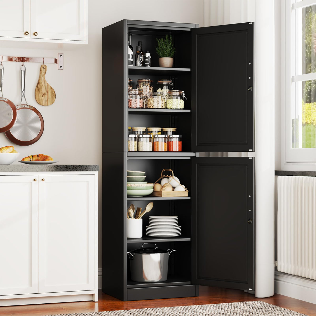 67" Tall Metal Pantry Cabinet, Narrow Freestanding Storage Cabinet, Black