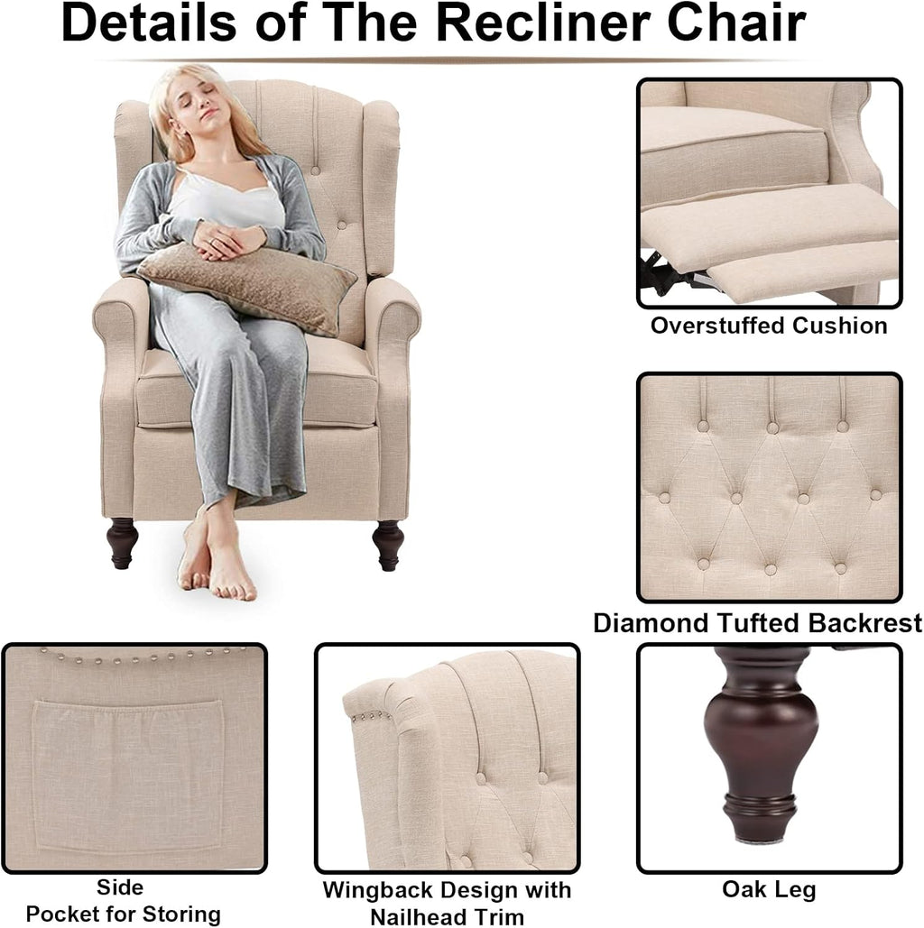 IPKIG Wingback Pushback Recliner Chair - Mid Century Recliner Armchair with Massage and Heat, Rivet Decoration, Button-Tufted Back, Solid Wood Legs for Living Room, Bedroom, Office(Beige)