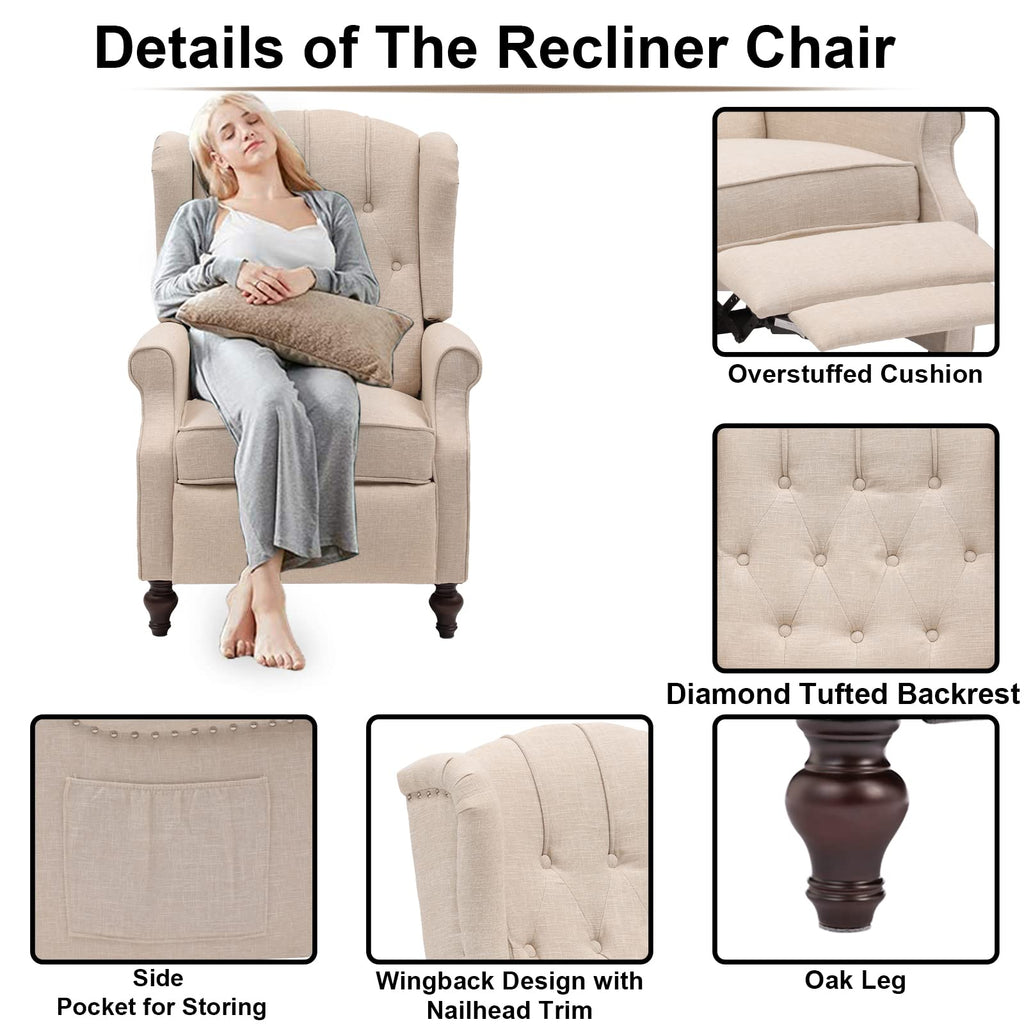 IPKIG Wingback Pushback Recliner Chair - Mid Century Recliner Armchair with Massage and Heat, Rivet Decoration, Button-Tufted Back, Solid Wood Legs for Living Room, Bedroom, Office(Beige)