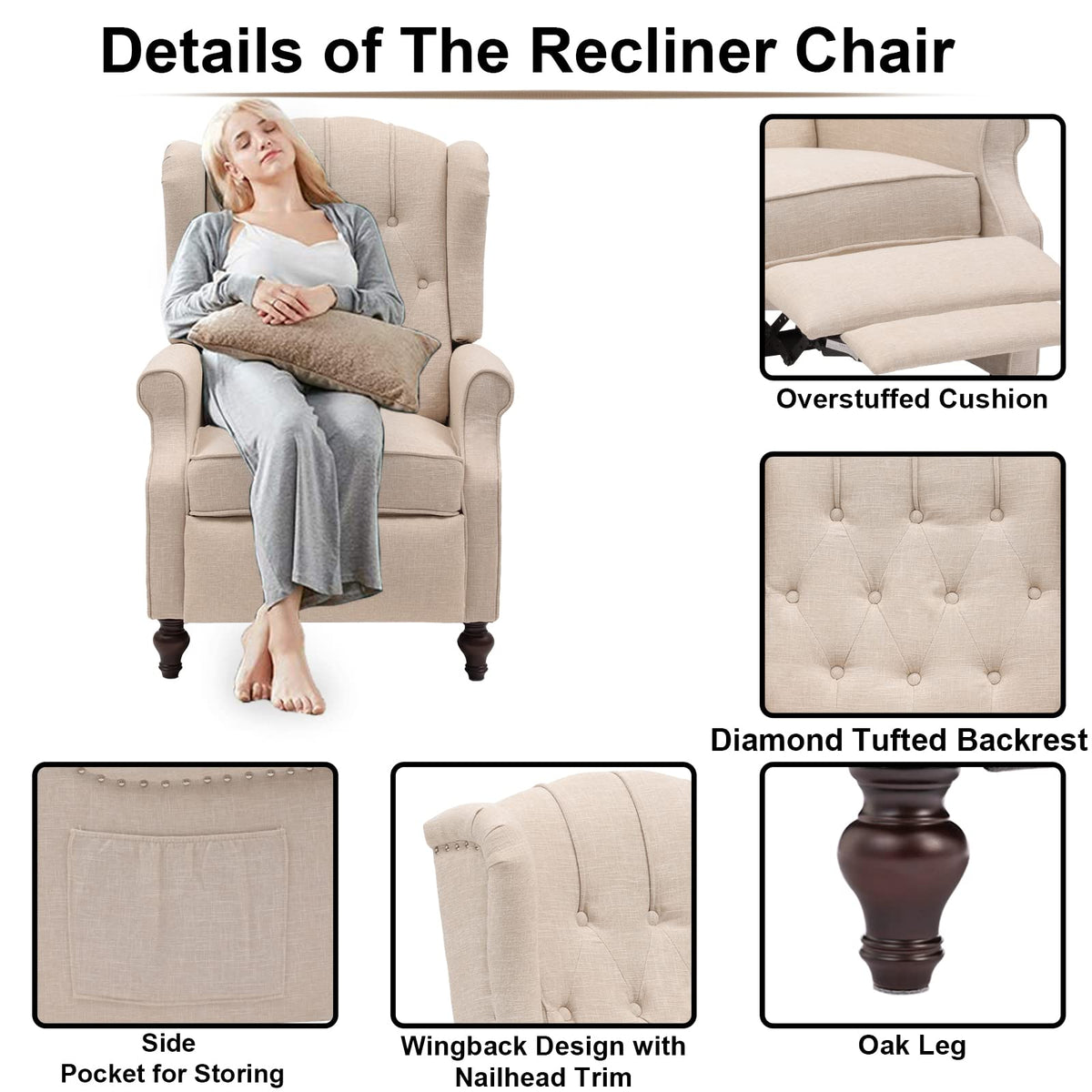 IPKIG Wingback Pushback Recliner Chair - Mid Century Recliner Armchair with Massage and Heat, Rivet Decoration, Button-Tufted Back, Solid Wood Legs for Living Room, Bedroom, Office(Beige)
