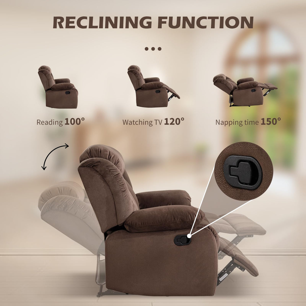 INZOY Manual Recliner Chair with Padded Armrest, Wall-Hugger Single Sofa Recliners with Overstuffed Back, Classical Fabric Reclining Chairs for Living Room Theater Seating, Brown