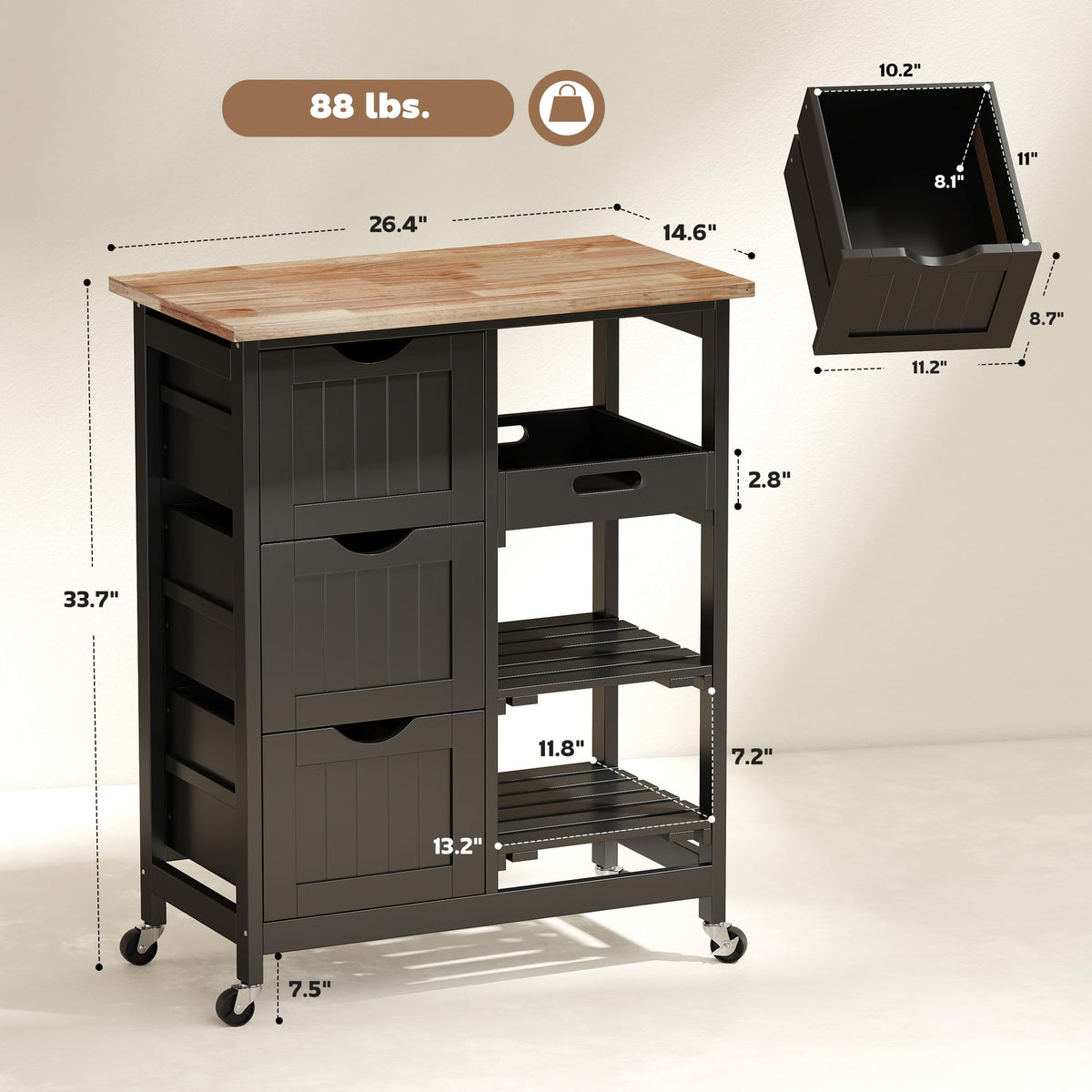 HOMCOM Kitchen Island Cart, Rolling Kitchen Island, Wood Top, Gray
