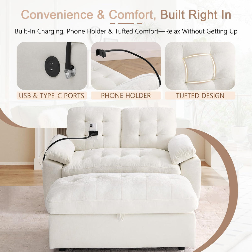 Oversized Chaise Lounge Chair Indoor, Single Convertible Recliner Reading Arm Sofa Chair W/Adjustable Backrest & Charging Port Couch Bed for Living Room, Home Theater & Bedroom, Brown