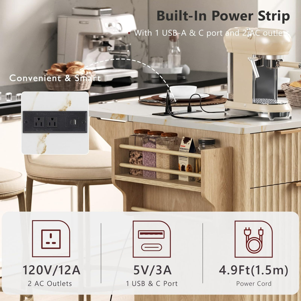 Large Fluted Kitchen Island Cart on Wheels with Storage, Natural