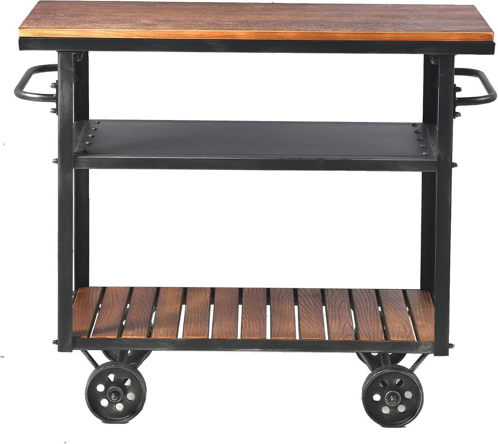 Industrial 3 Tier Rolling Utility Storage Cart Wine Beverage, Metal Wine Rack with Wheels Kitchen Bar Dining Room Tea Wine, Storage Cart with Wood