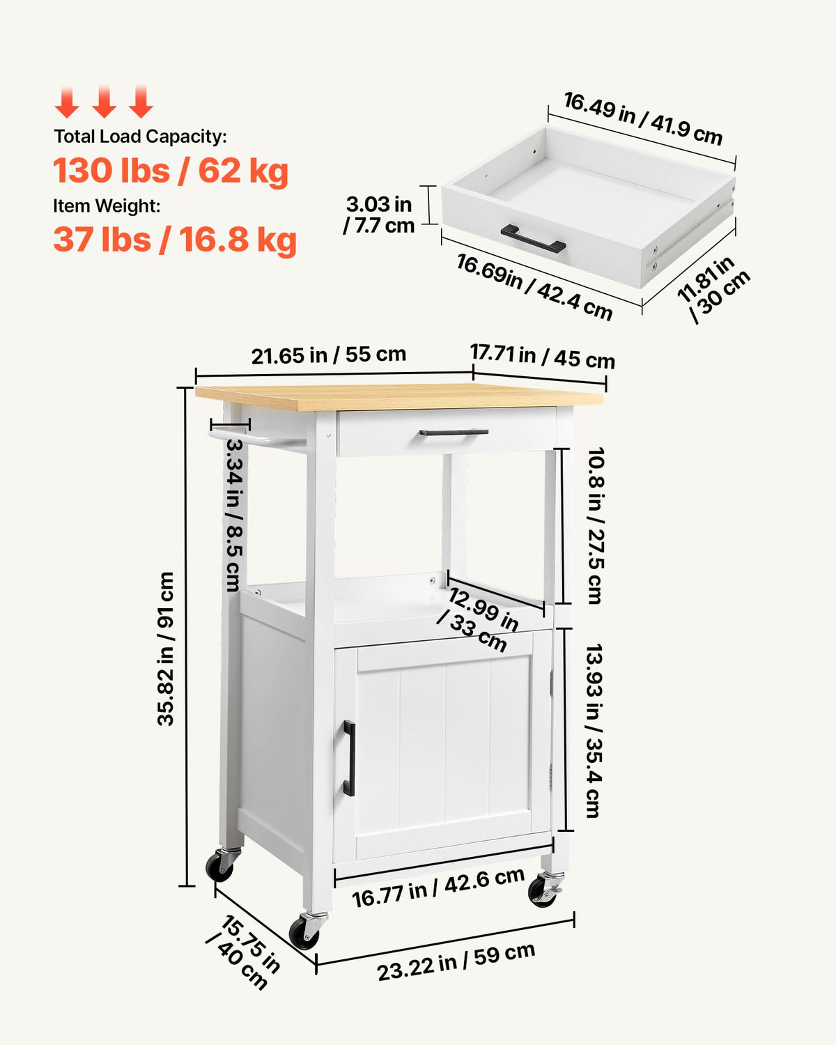 VEVOR Kitchen Island Cart with Storage, 47.64 in Wide Mobile Rolling Storage Island on Swivel Wheels, with 2 Drawers, Storage Cabinet, Drop Leaf, Towel Rack, Table for Home Dining Room, White