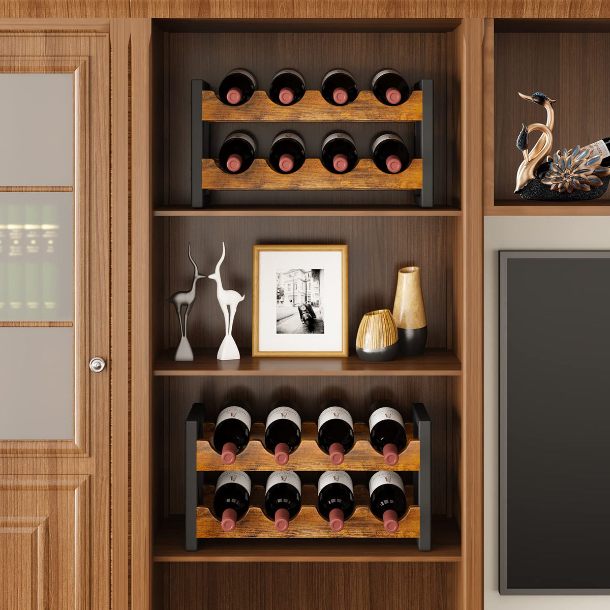 Homeiju 56-Bottle Wine Rack Freestanding Floor, Wooden Wine Storage Shelf, Stackable Wine Rack with Tabletop for Living Room,Kitchen or Wine Cellar