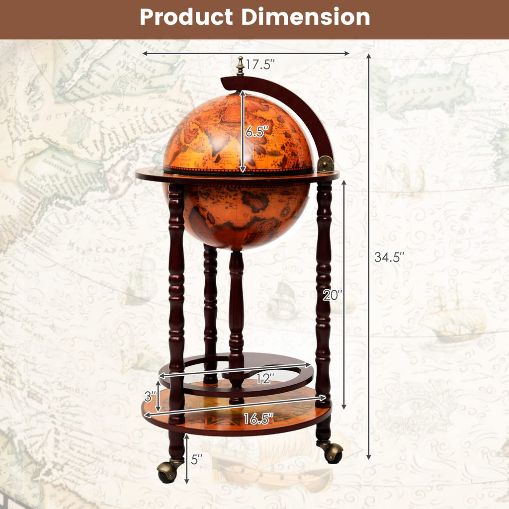 Goplus Globe Bar, 17.5â Globe Bar Liquor Cabinet with Wheels, Bottom Shelf, Old World Map, 16th Century Italian Replica Bar Globe, Retro Wine Stand, Globe Bar Cart for Dining Room Living Room Home
