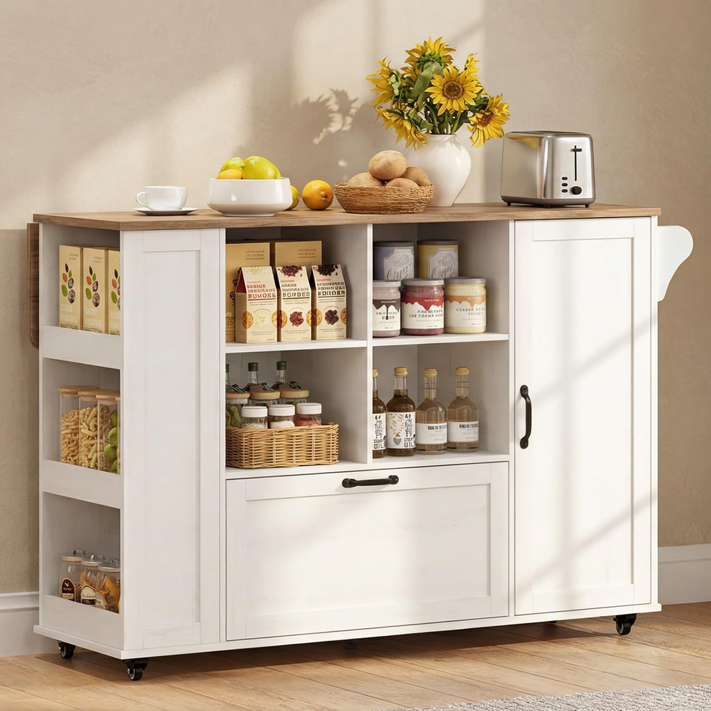 72" Rolling Kitchen Island with 360Â° Swivel Tabletop & Power Outlet,Mobile Kitchen Islands on Wheels with Storage,Farmhouse Wood Island Cart with Spice Rack,Rustic White