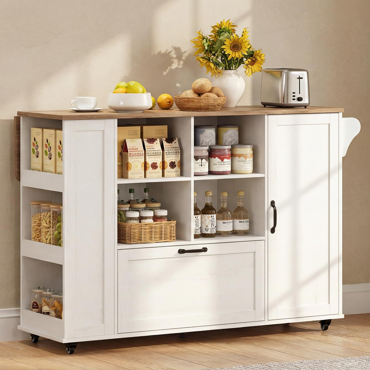 72" Rolling Kitchen Island with 360Â° Swivel Tabletop & Power Outlet,Mobile Kitchen Islands on Wheels with Storage,Farmhouse Wood Island Cart with Spice Rack,Rustic White