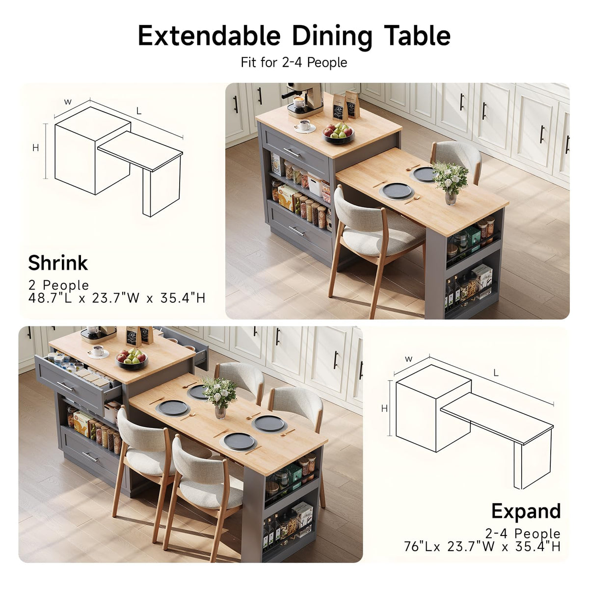 48"-76" Kitchen Islands with Extendable Dining Table, 2-4 People, White