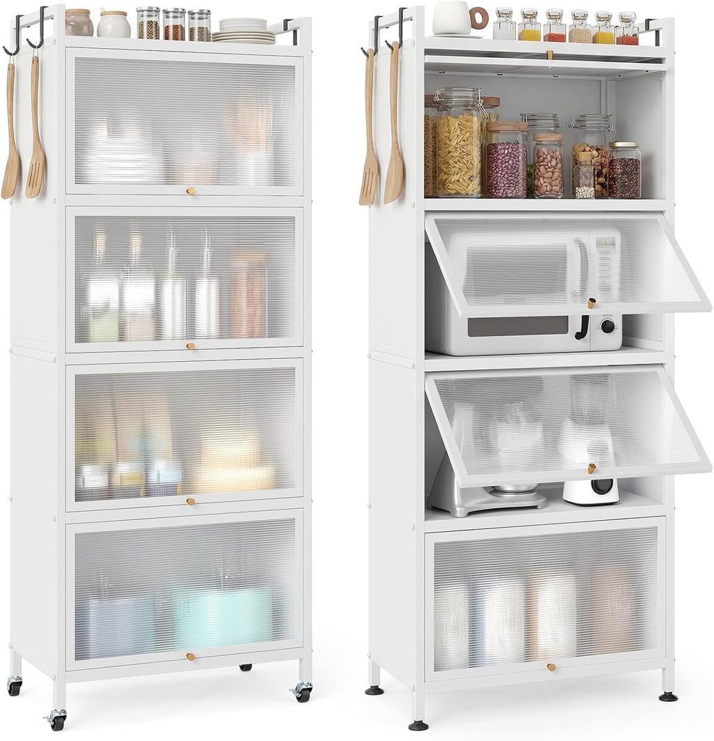GIANTEX 5-Tier Kitchen Storage Cabinet, 4 PC Doors, Rolling Wheels, White