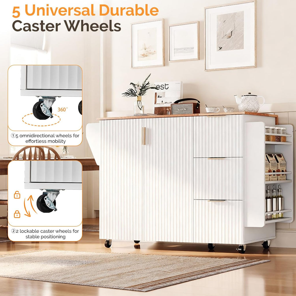 VINGLI Fluted Kitchen Island Cart with Drop-Leaf, 3 Drawers, White