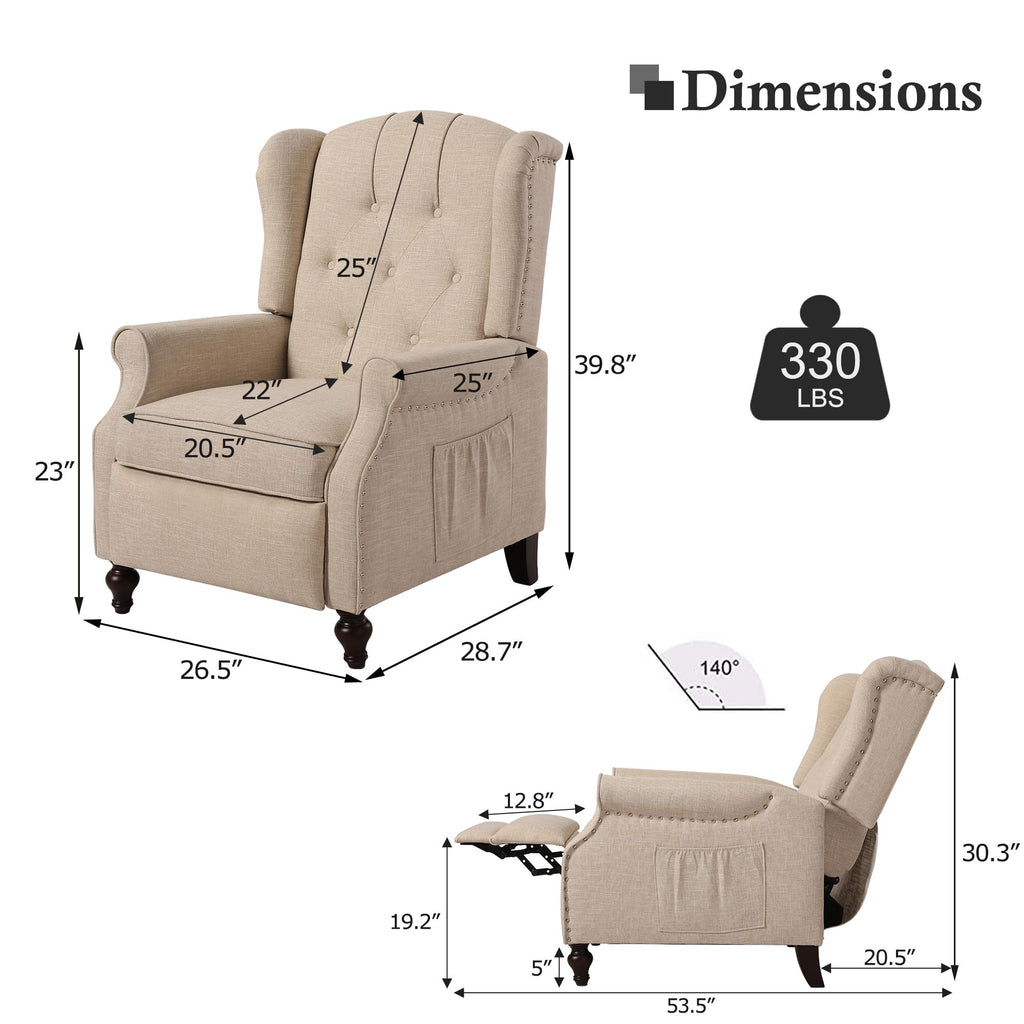 Wingback Recliner Chair - Tufted Arm Chair Recliner - Fabric Push Back Single Sofa for Living Room Adjustable Backrest (Blue Floral)