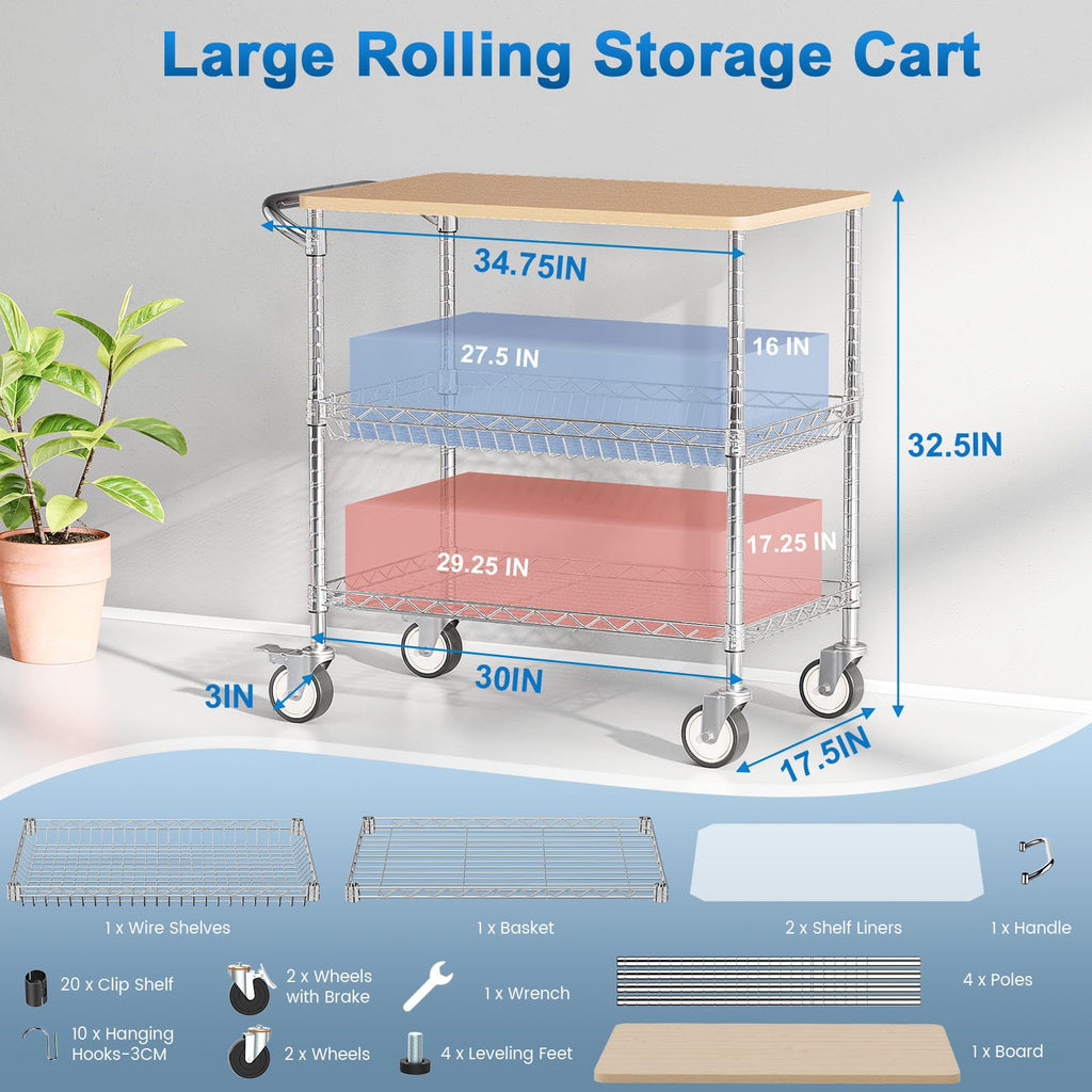 Leteuke 3 Tier Rolling Carts with Wheels, Heavy Duty Rolling Utility Cart