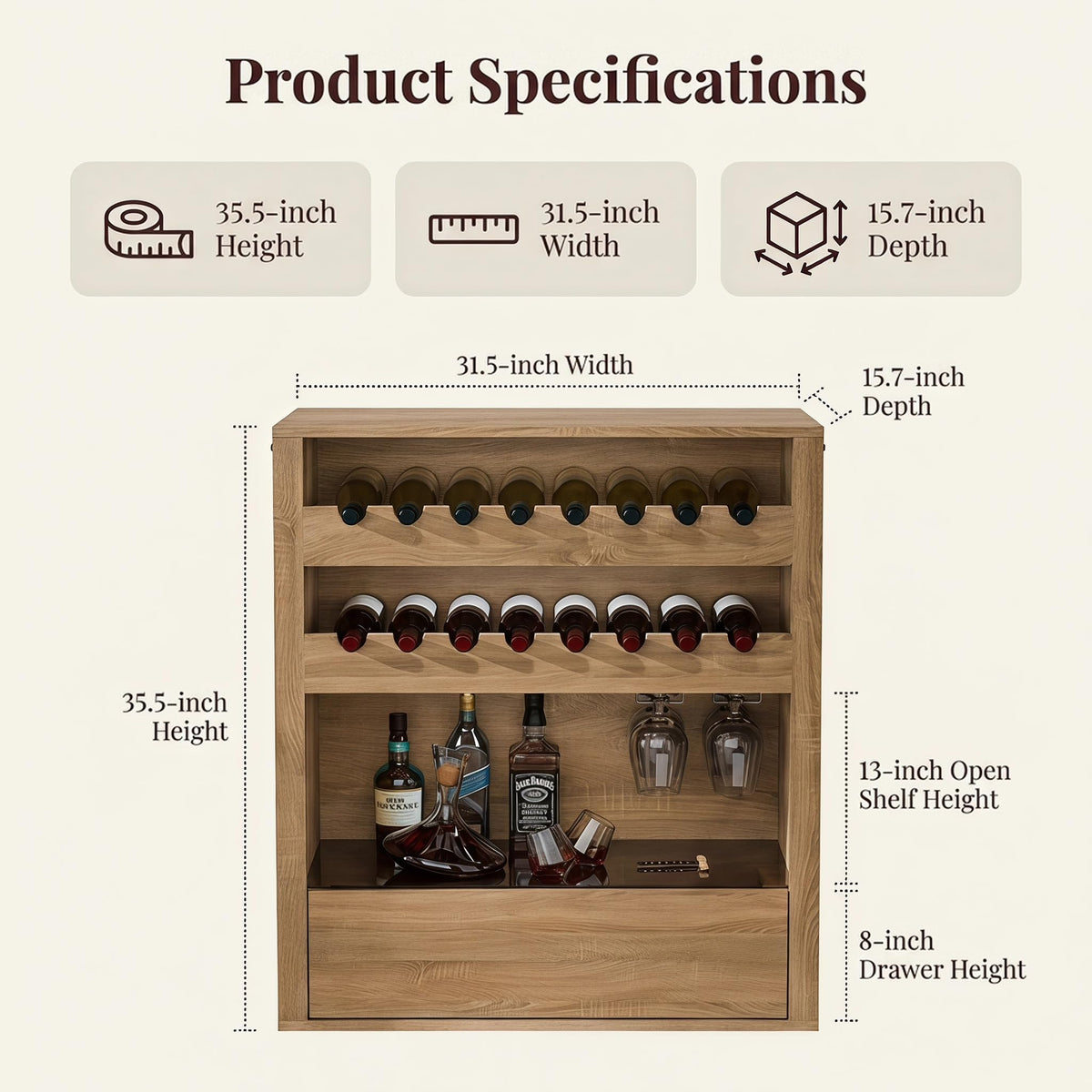 Liquor Cabinet with Wine Rack & Stemmed Holder & Drawer, Walnut
