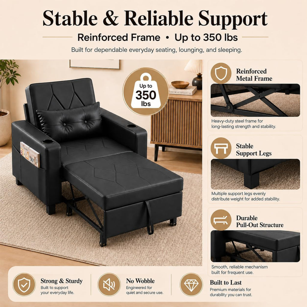 AILEEKISS Sleeper Chair Bed, 3-in-1 Convertible Pull Out Sofa, Faux Leather
