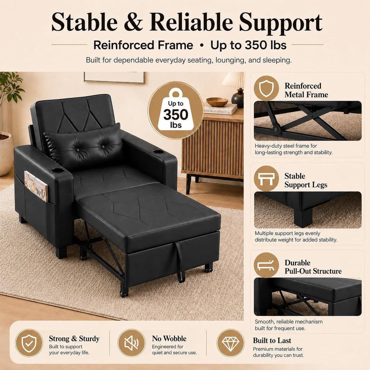 AILEEKISS Sleeper Chair Bed, 3-in-1 Convertible Pull Out Sofa, Faux Leather