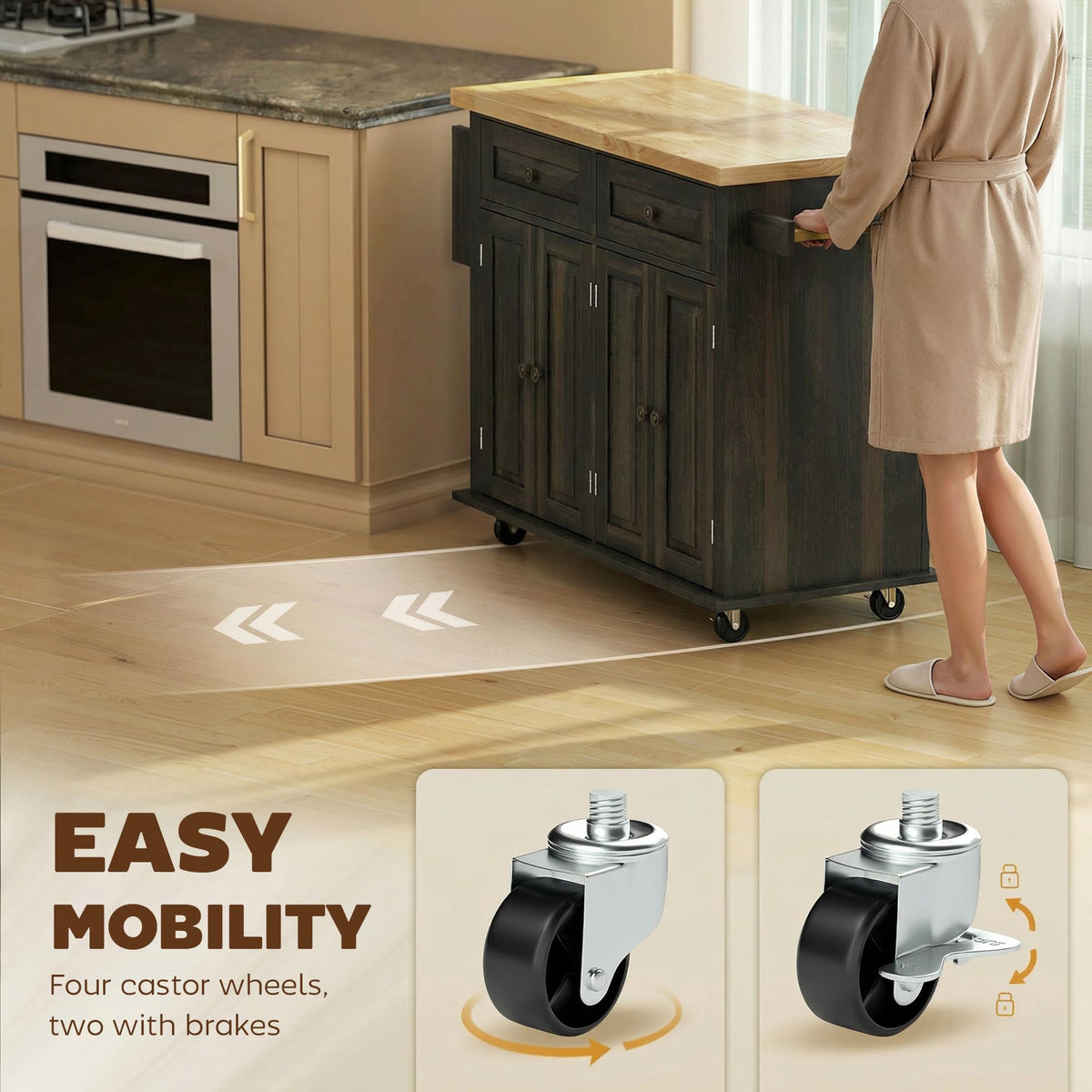 HOMCOM Kitchen Island Cart on Wheels with Solid Wood Top, 44" Cream White