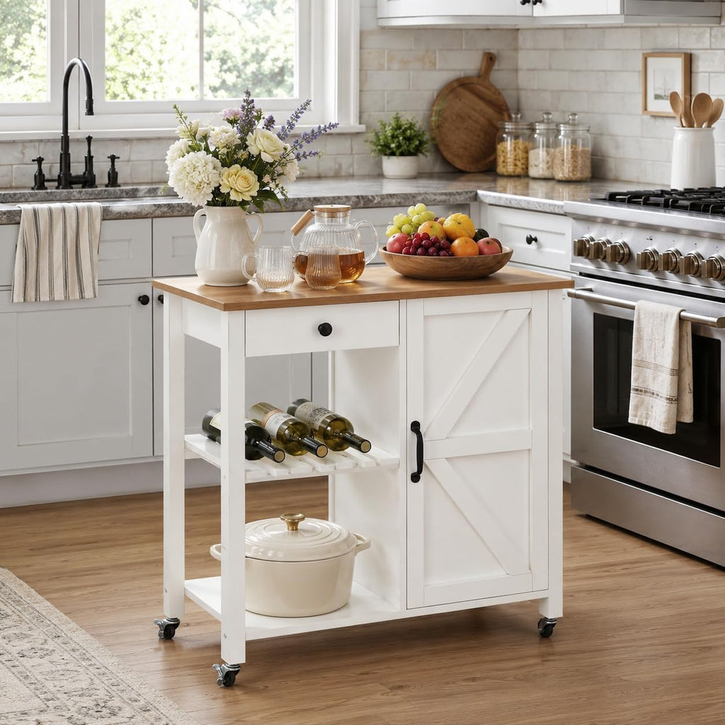 Small Kitchen Island Cart on Wheels with 31.4'' Wood Tabletop, White
