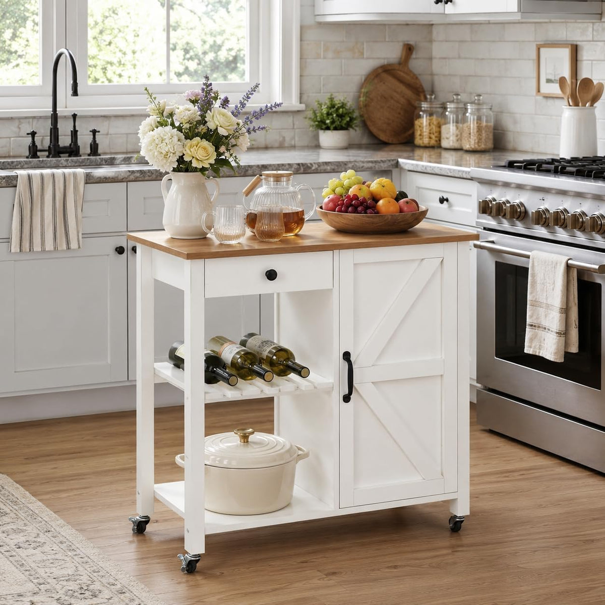 Small Kitchen Island Cart on Wheels with 31.4'' Wood Tabletop, White