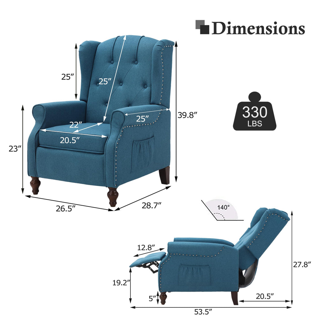 Wingback Recliner Chair - Tufted Arm Chair Recliner - Fabric Push Back Single Sofa for Living Room Adjustable Backrest (Blue Floral)