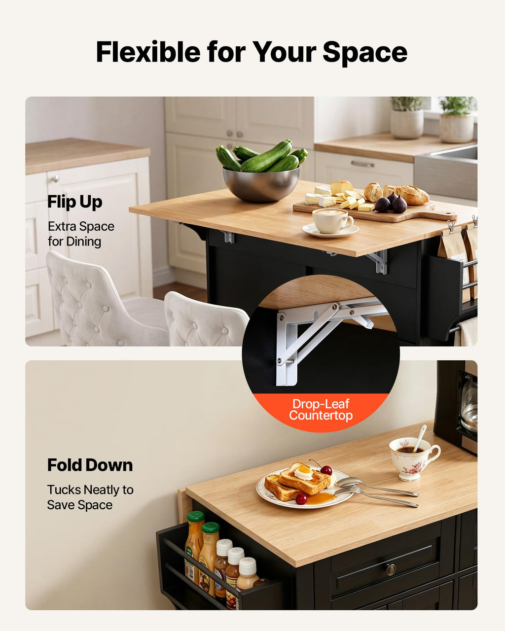 VEVOR Kitchen Island Cart with Storage, 43.58 in Wide Mobile Rolling Storage Island on Swivel Wheels, with 2 Drawers, Storage Cabinet, Drop Leaf, Spice/Towel Rack, Table for Home Dining Room, White