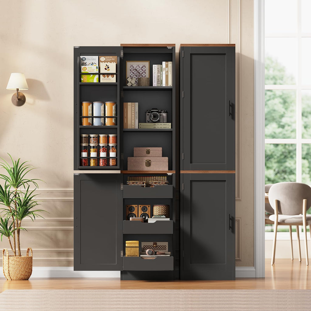 Itaar 71" Kitchen Pantry Cabinet with Charging Station and Led Light, Kitchen Storage Cabinets with Microwave Stand, 59" Wide Pantry Storage Cabinet with Storage Cart 3 Tier for Dining Room, White
