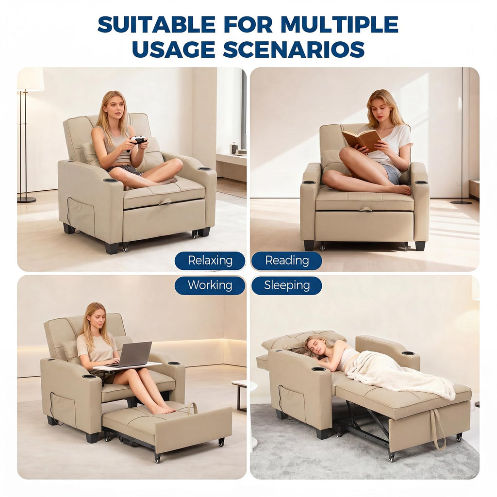 Sleeper Chair Pull Out Bed, 4 in 1 Convertible Sofa Chair Bed with Vibration Massage Lumbar Pillow, Single Sofa Recliner with USB/Type-C Port, Cup Holders and Side Pocket for Small Spaces (Black)