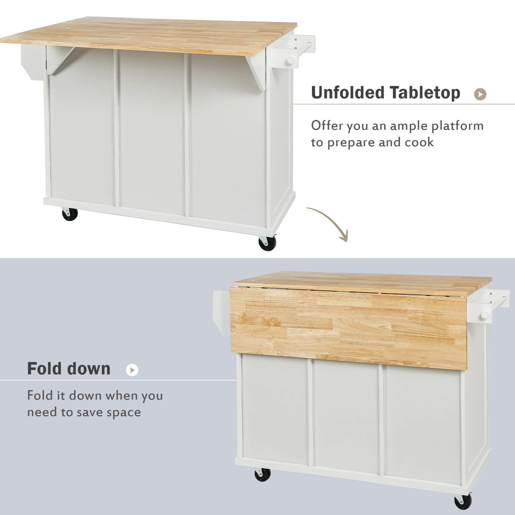Ball & Cast Farmhouse Kitchen Island with Power Outlet,Dining Storage Island with Drop Leaf,Spice Rack and Drawer,Rolling Dining Cart on Wheels for Home,Kitchen,Dining Room,White,54"