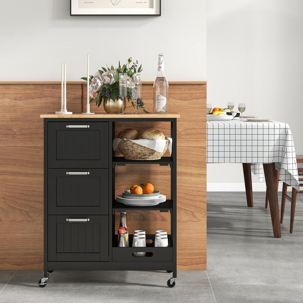 GIANTEX Kitchen Island Cart on Wheels, Rolling Utility Cart w/Rubber Wood Top, 3 Storage Drawers & 2 Removable Shelves & Removable Tray, Lockable Casters, Serving Cart for Dining Room, Bar, White