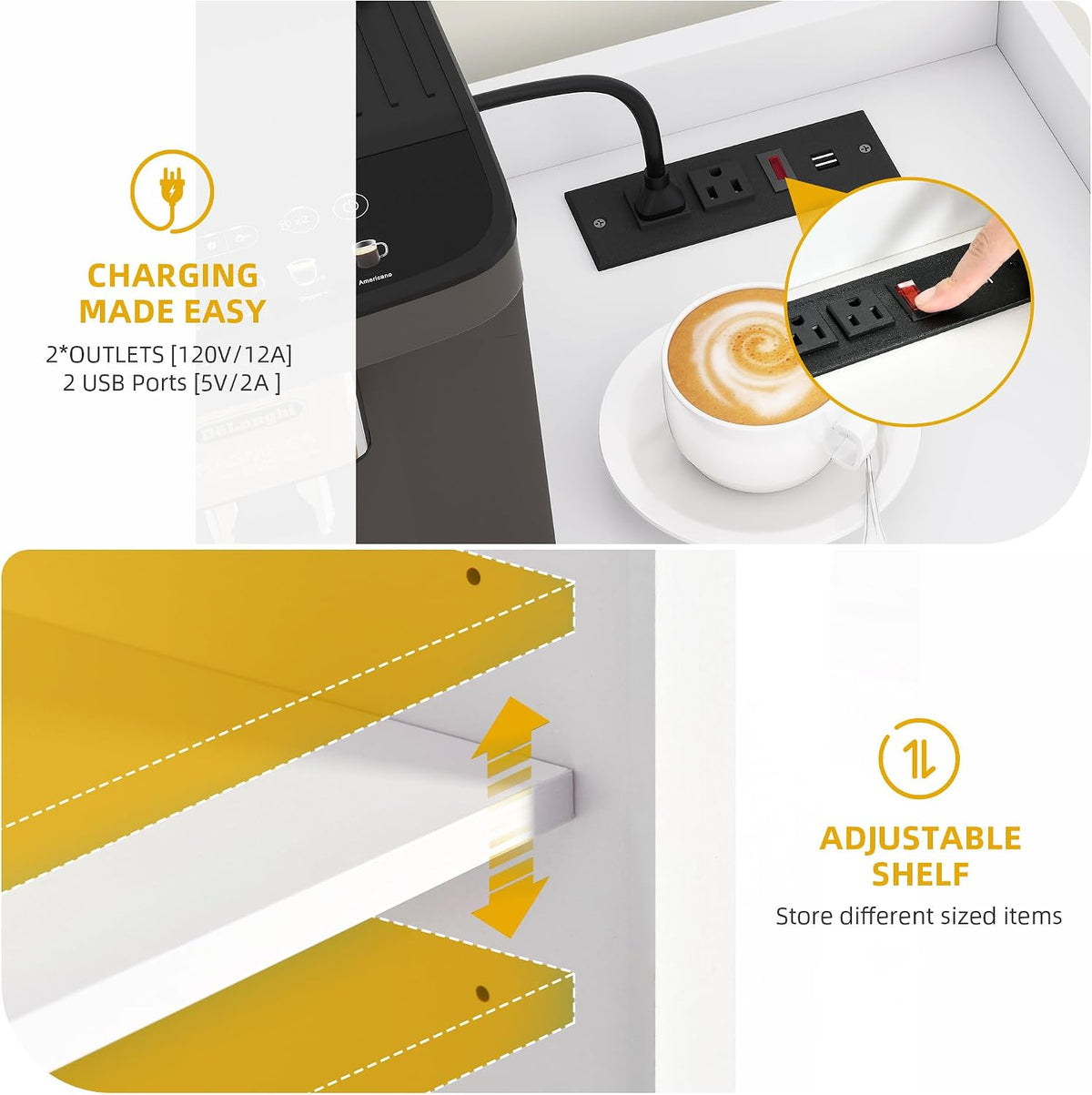DWVO 53" Wine Bar Cabinet with LED Lights & Power Outlets, White