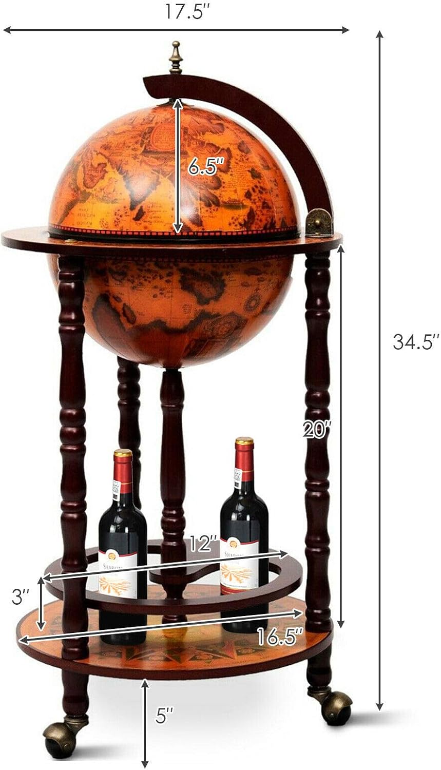 HAPPYGRILL Globe Bar, 17.5â Wine Bar Stand Italian Wooden Globe Wine Cart Liquor Bottle Shelf, 16th Century Retro Wine Cupboard with Wheels for Dining Room Living Room, Retro Brown